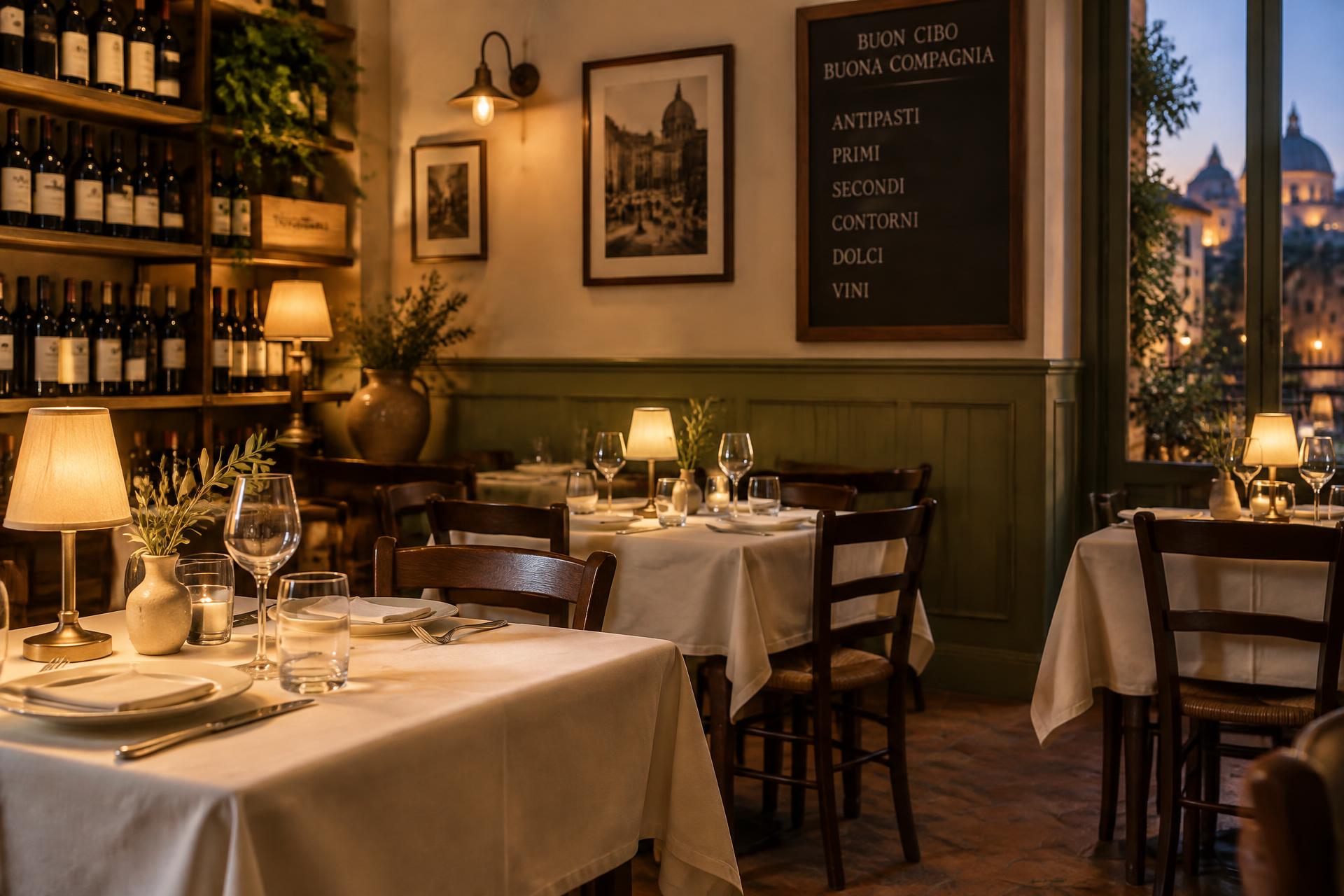 Sala della Trattoria I Galli con tavoli apparecchiati e luci calde